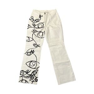 White Leather Pants Custom Hand Painted Black Picasso Style Eyes Design Size 12